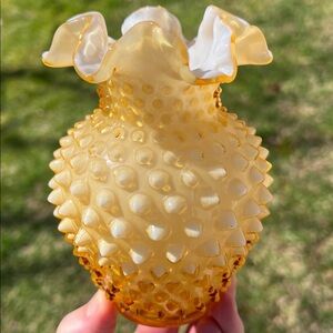 Vintage Fenton Honey Amber White Cased Glass Pointy Hobnail Vase